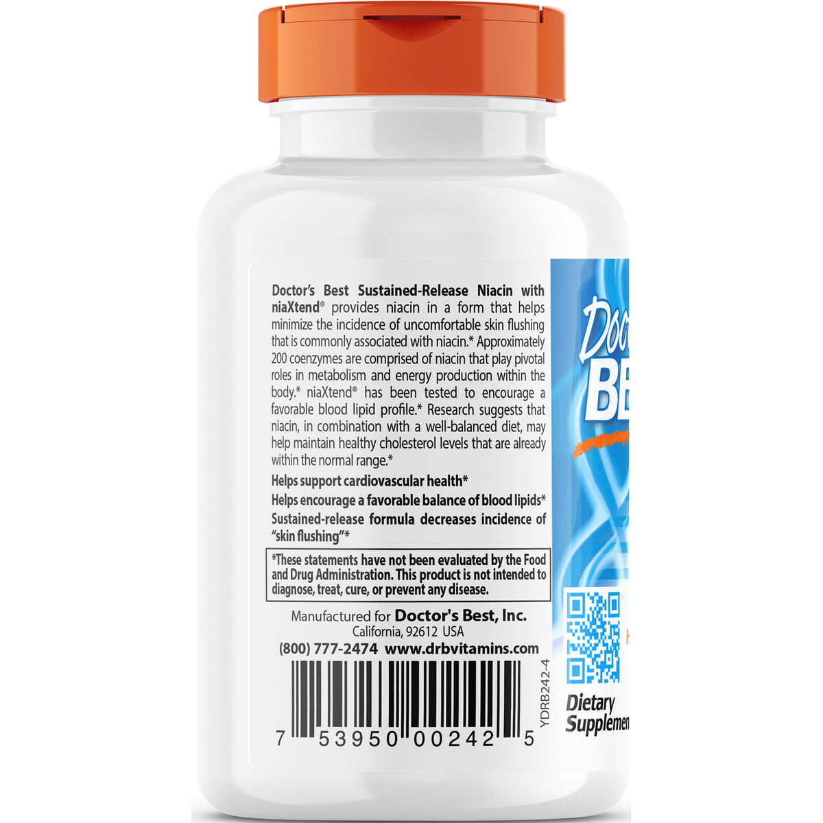 DB213 | Back label of Doctor's Best sustained-release niacin bottle showing ingredient text, barcode, and QR code