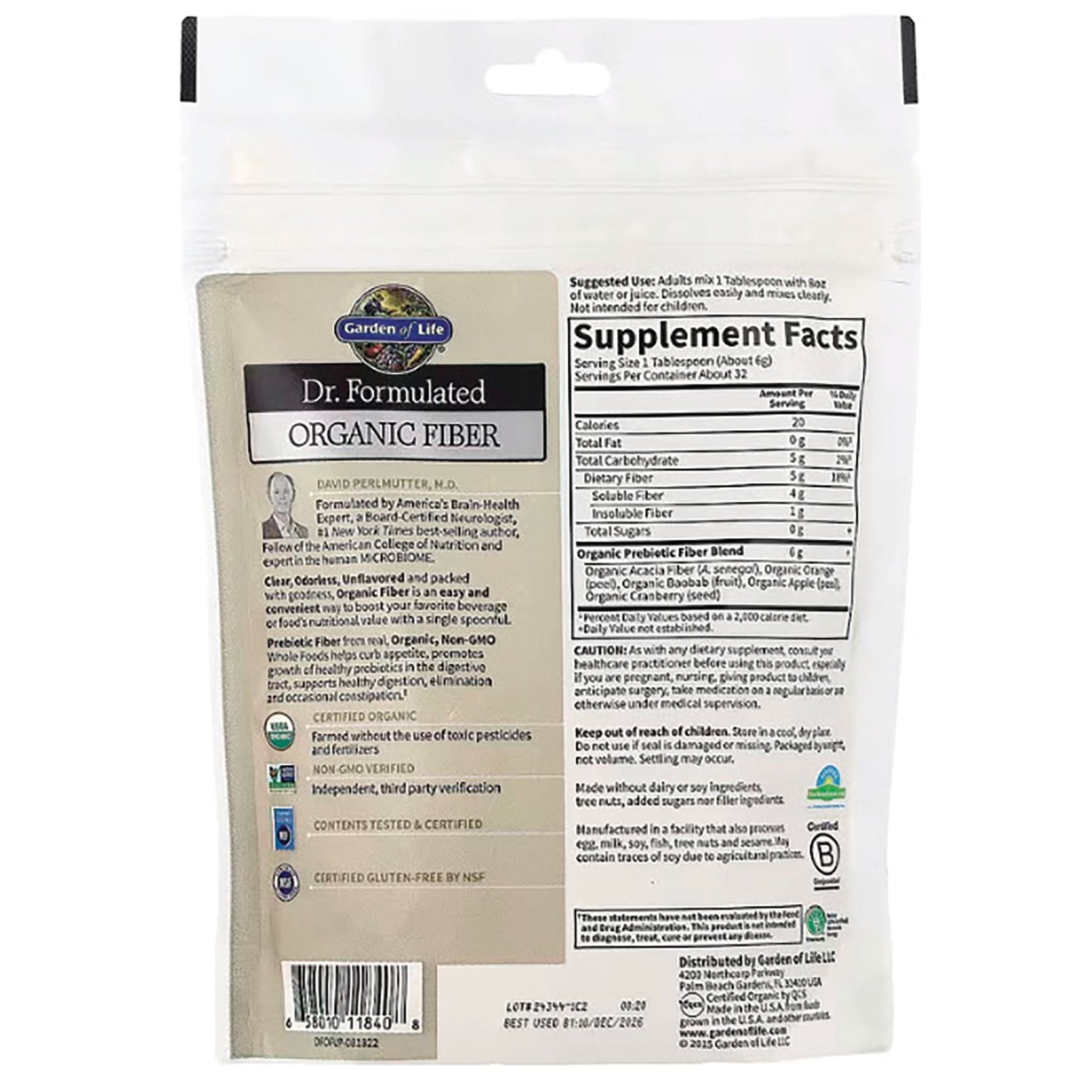 GLF211 | Back of beige resealable pouch showing Supplement Facts panel, ingredients, barcode and product description