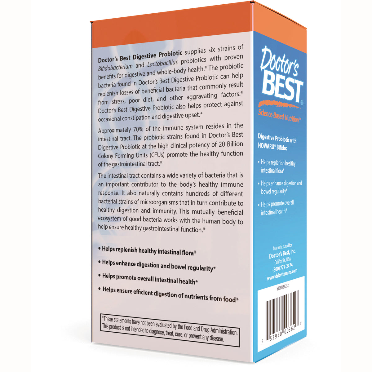 DB297 | back of Doctor's Best Digestive Probiotic box showing product description, benefits bullets and barcode