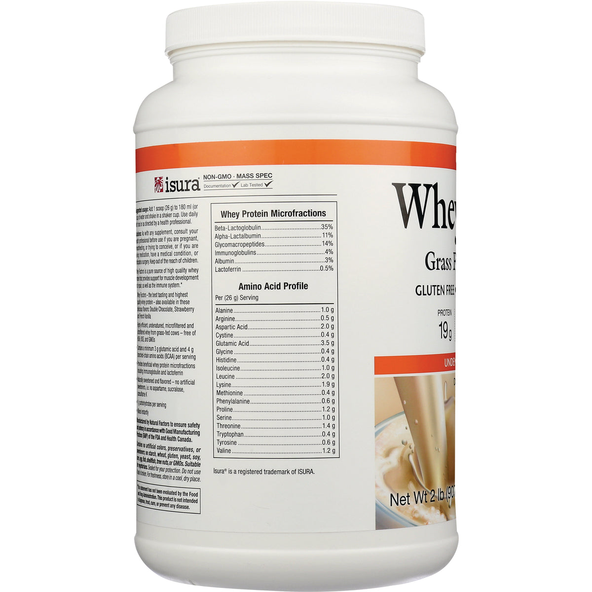 NFC108 | whey protein tub side label showing whey protein microfractions and amino acid profile nutritional panel