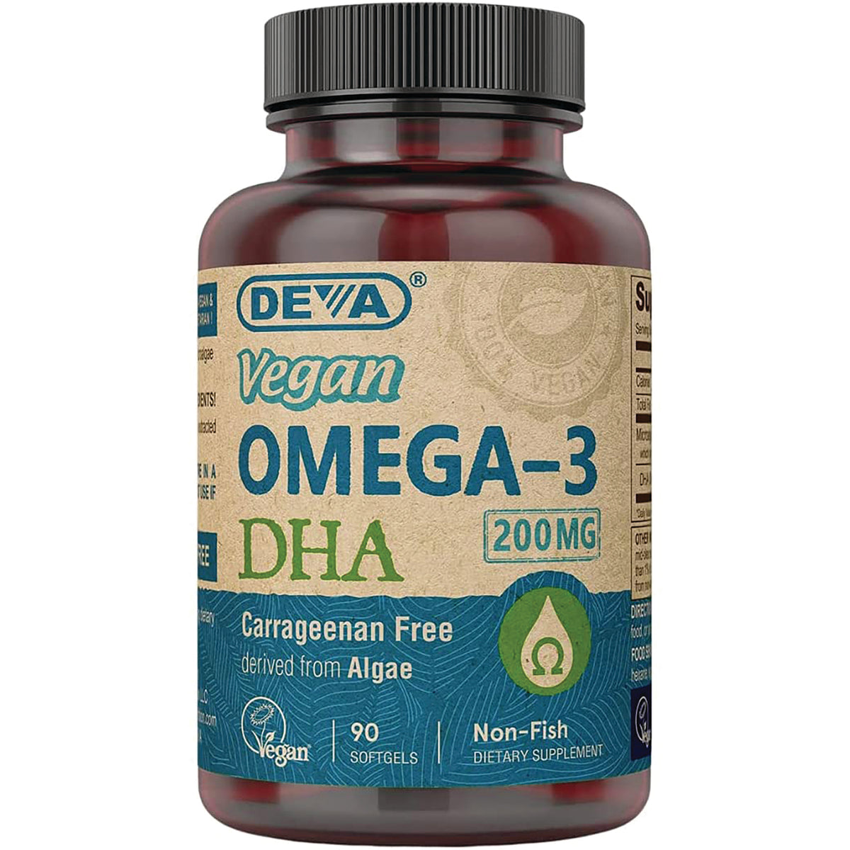DEV004 | DEVA Vegan Omega-3 DHA 200 mg softgels bottle, non-fish algae-derived supplement, 90 count