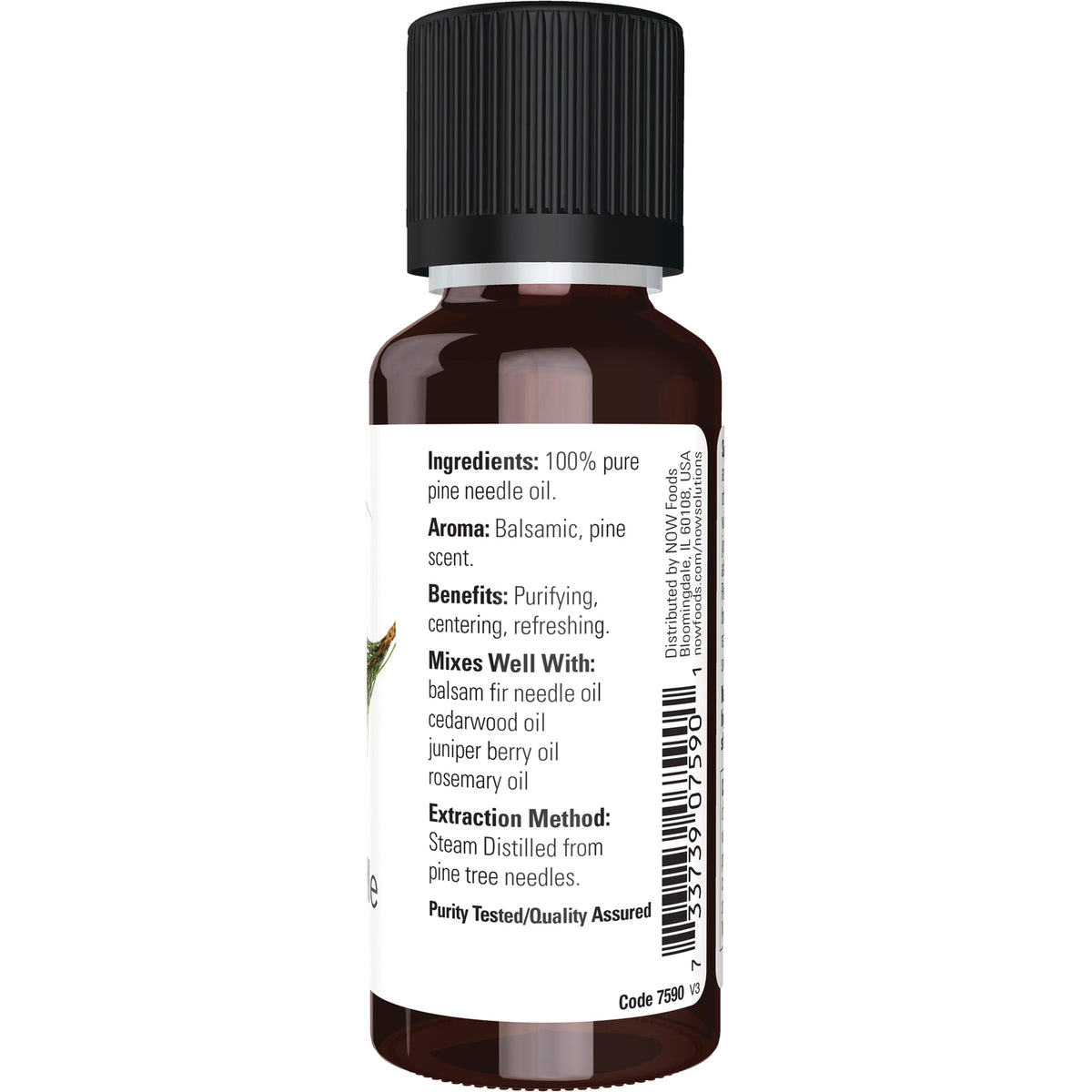 NWF504 | Back label of amber essential oil bottle showing Ingredients: 100% pure pine needle oil, aroma, benefits and barcode