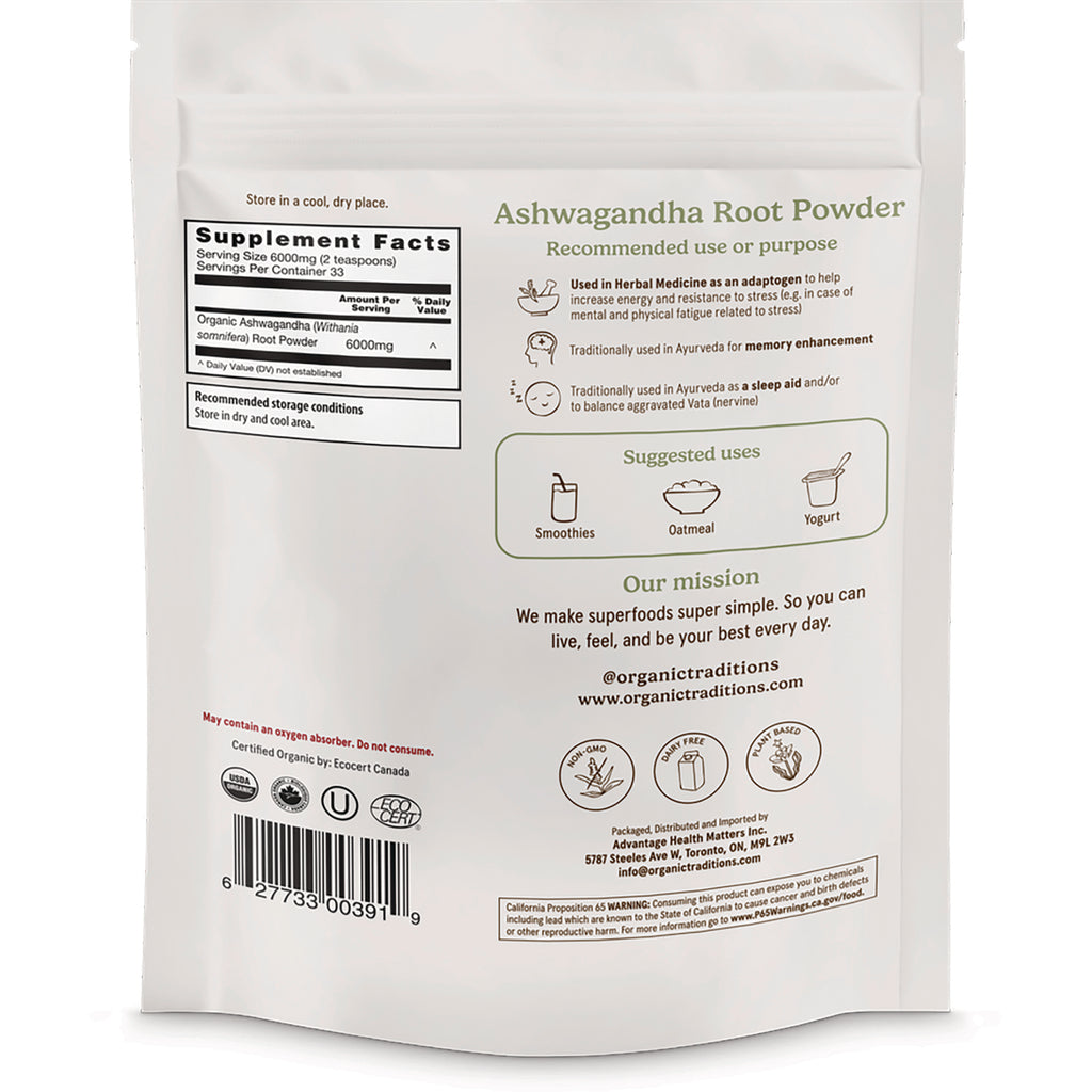 OTR067 | Back of Ashwagandha Root Powder pouch showing supplement facts, suggested uses, mission text and barcode - Thumbnail
