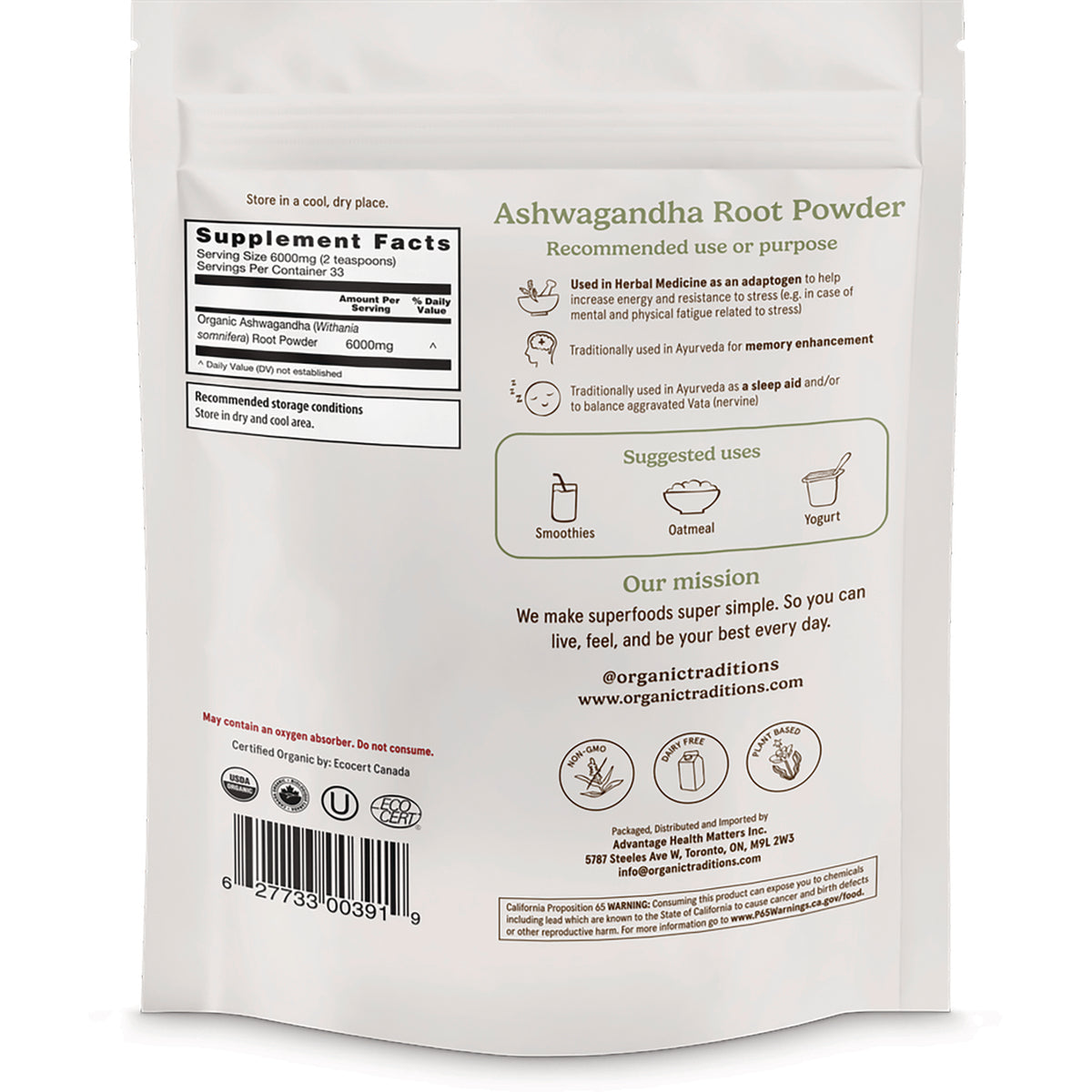 OTR067 | Back of Ashwagandha Root Powder pouch showing supplement facts, suggested uses, mission text and barcode