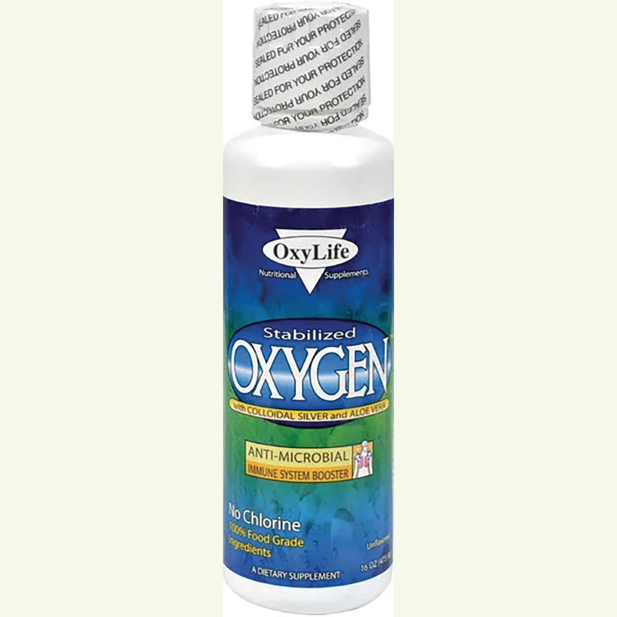OXY005 | OxyLife Stabilized Oxygen supplement bottle labeled anti-microbial immune system booster