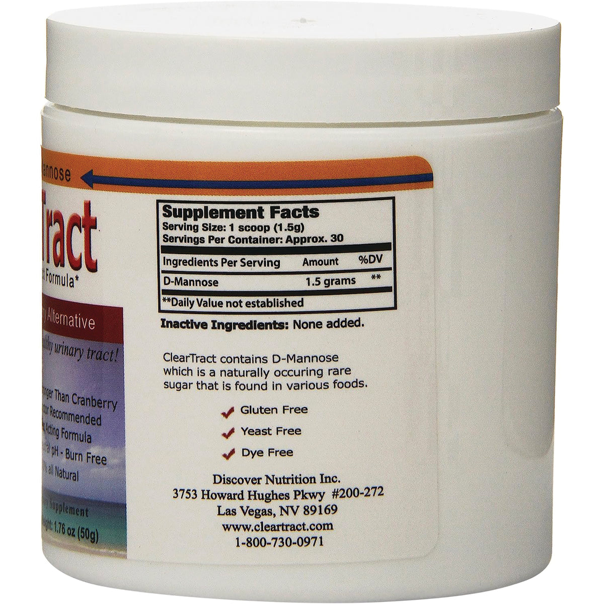 CLE002 | back label showing Supplement Facts with D-Mannose 1.5 grams and company contact info