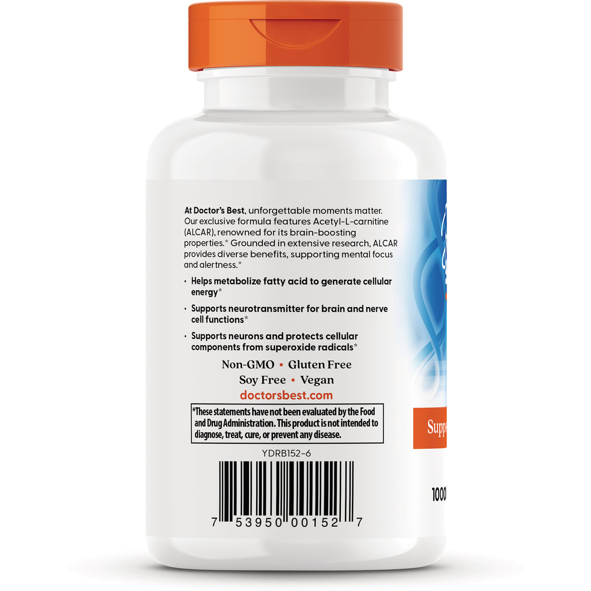 White supplement bottle back showing benefit bullets, Non-GMO Gluten Free Soy Free Vegan text and barcode