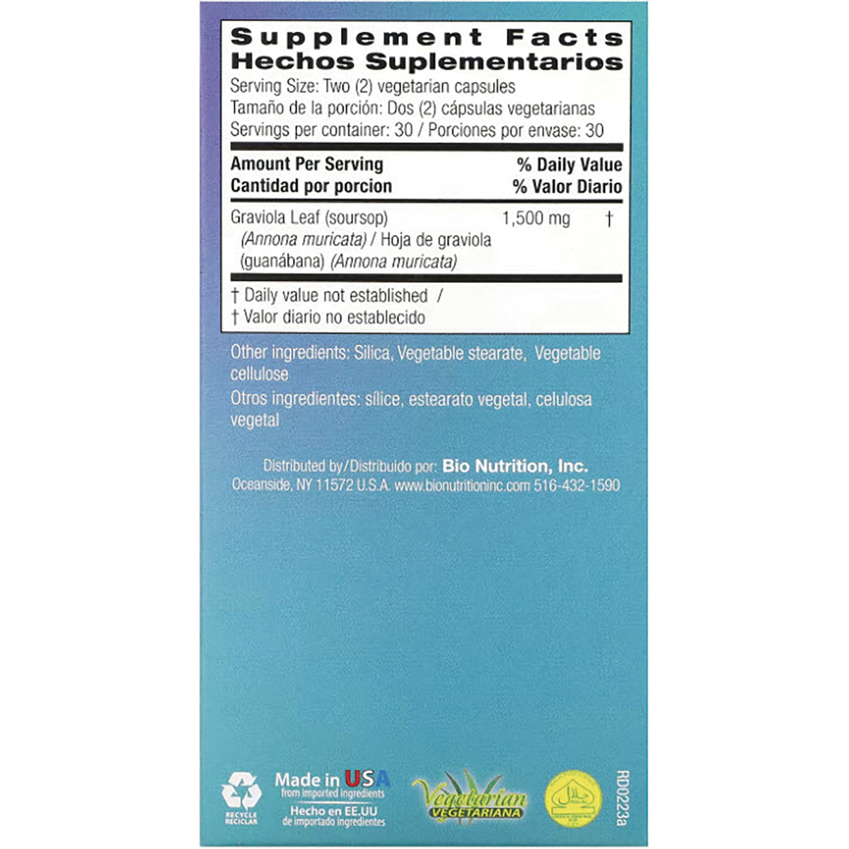 BNN033 | back label with Supplement Facts, serving size two vegetarian capsules, Graviola Leaf 1,500 mg, other ingredients and distributor info