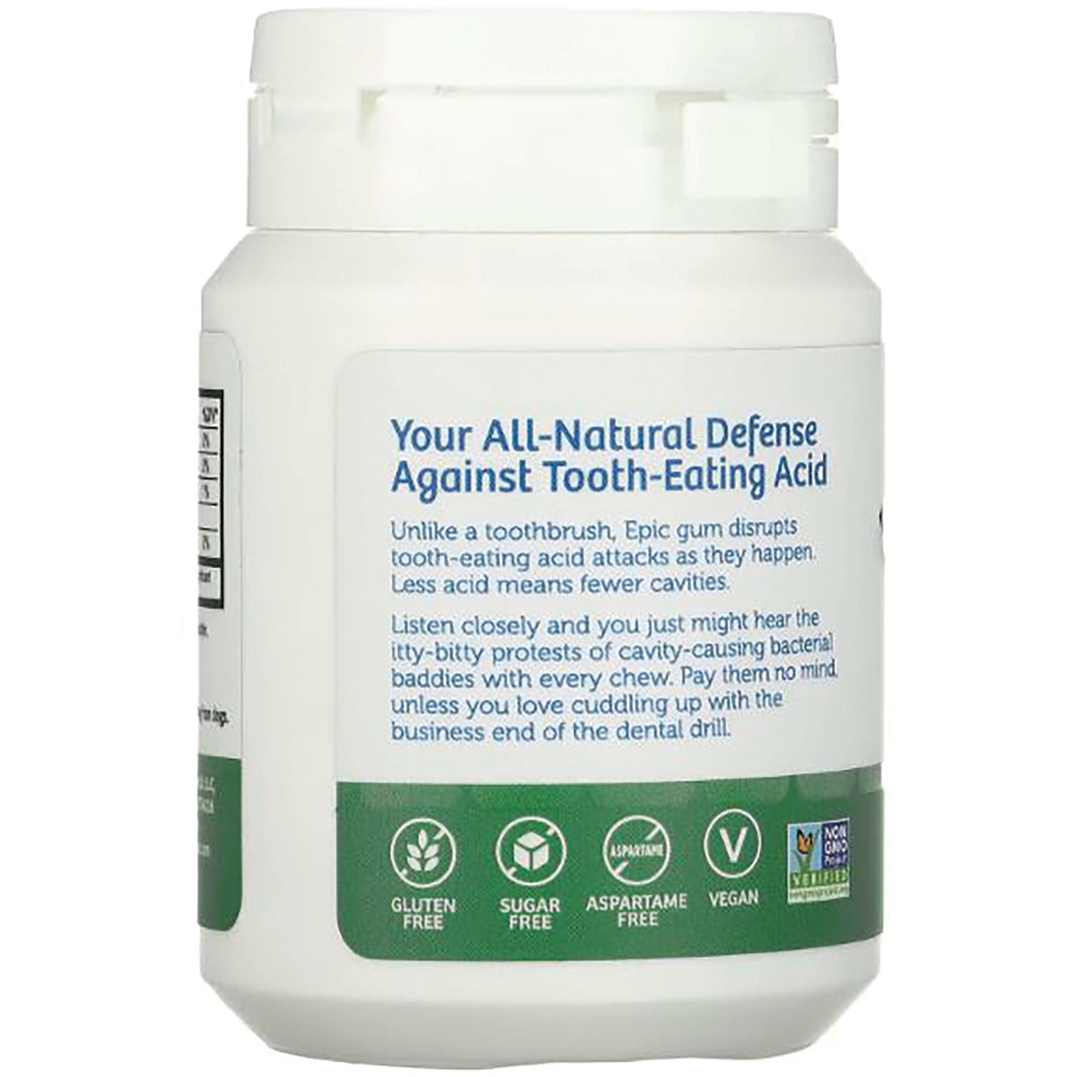 EPI012 | Back label of white bottle reading Your All-Natural Defense Against Tooth-Eating Acid with gluten free, sugar free, aspartame free and vegan icons