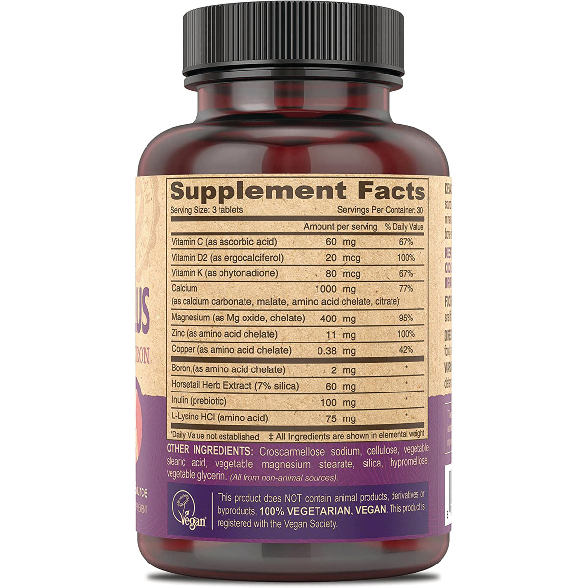 Supplement facts nutrition label and ingredients list on back of brown supplement bottle