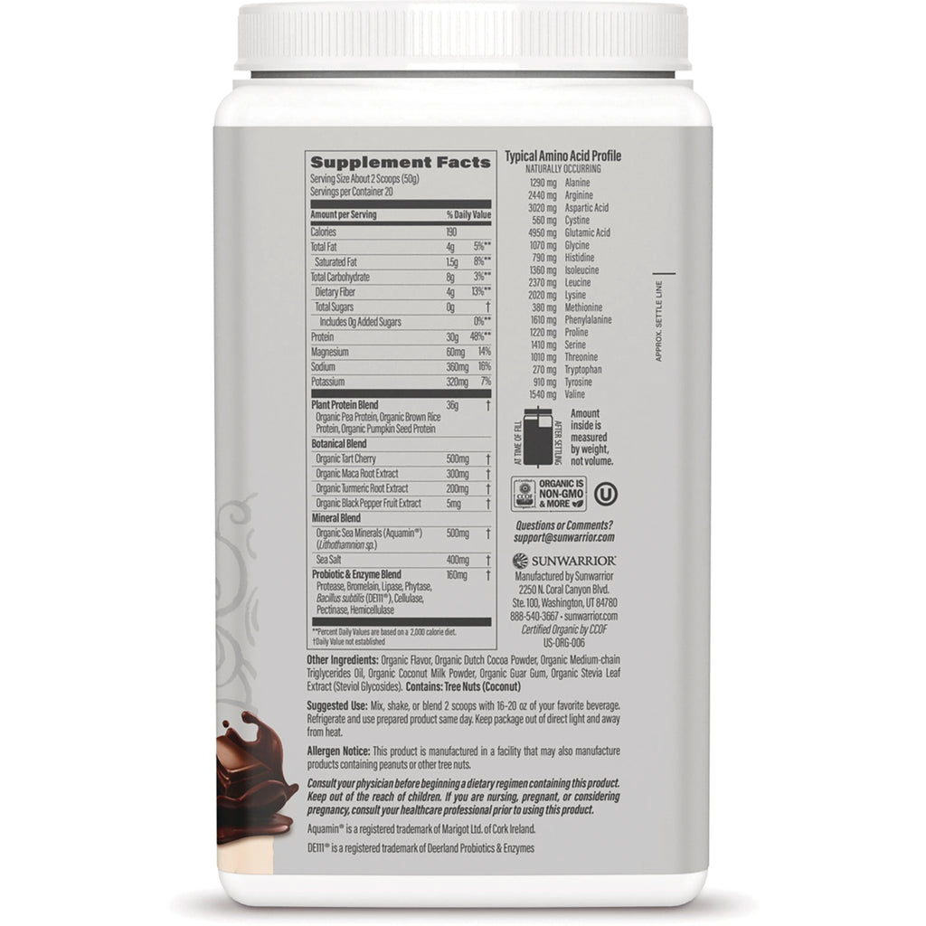 SNW044 | Back label with Supplement Facts, ingredients, amino acid profile, and certifications for chocolate protein powder - Thumbnail