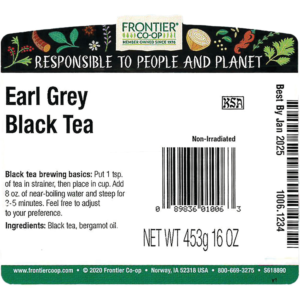 FNP080 | Back label of Frontier Earl Grey Black Tea showing brewing basics, ingredients, barcode and NET WT 453g 16 OZ - Thumbnail