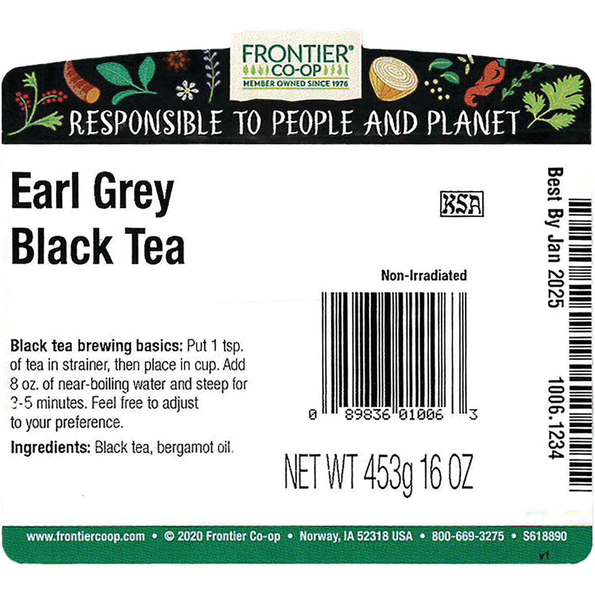FNP080 | Back label of Frontier Earl Grey Black Tea showing brewing basics, ingredients, barcode and NET WT 453g 16 OZ