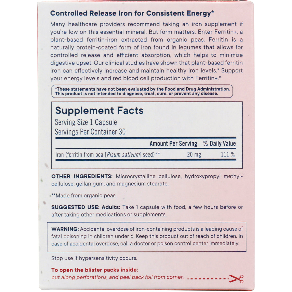 FL105 | back of pink supplement box showing Supplement Facts panel with iron content, ingredients, suggested use and warning
