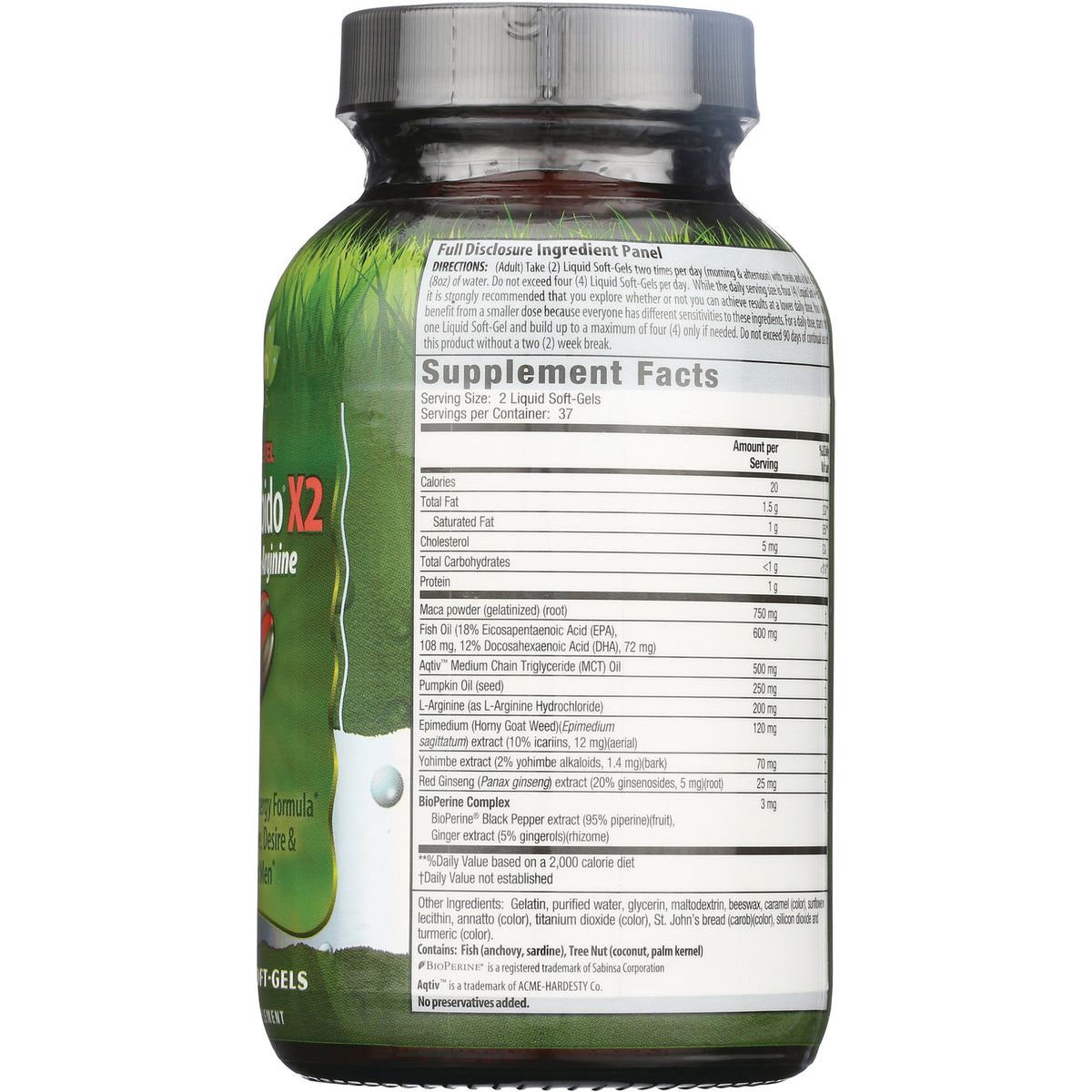 Supplement Facts panel and ingredient list on back of green supplement bottle