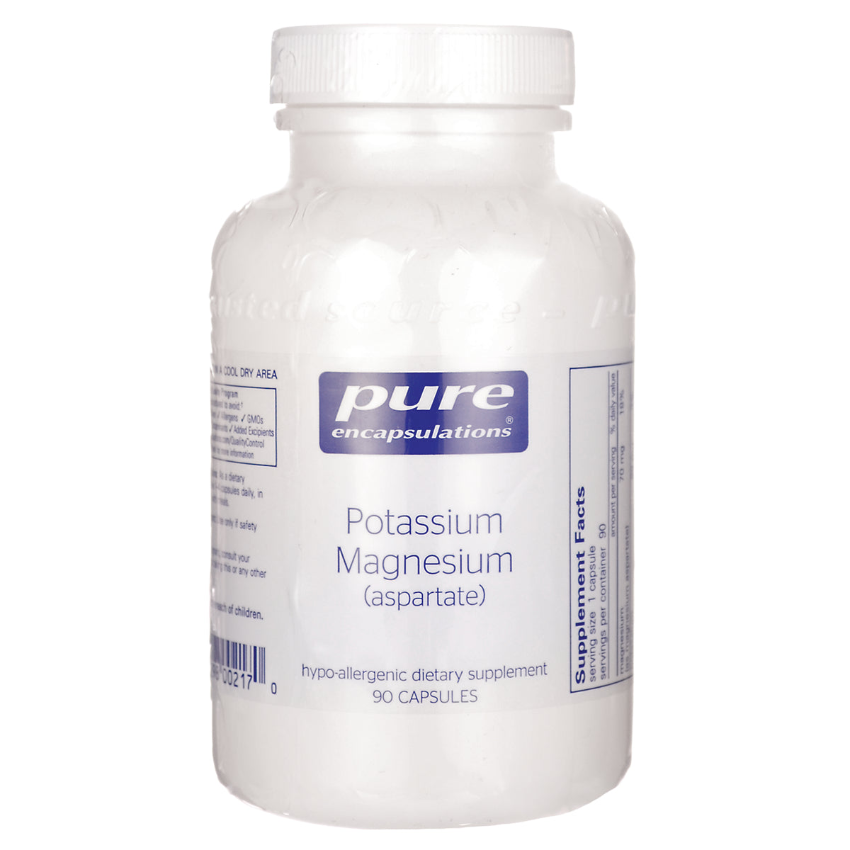 PRN141 | Pure Encapsulations Potassium Magnesium (aspartate) white supplement bottle, 90 capsules