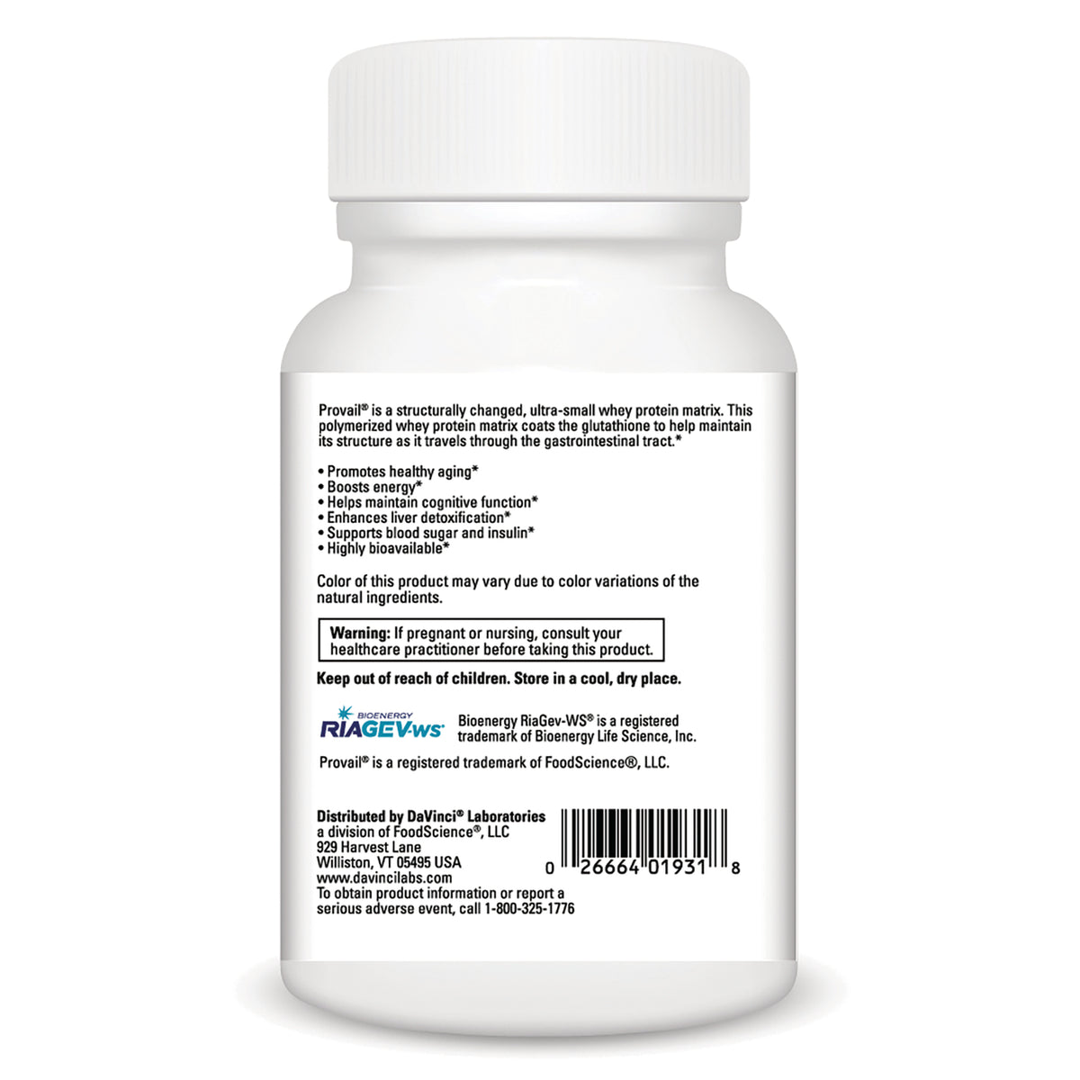 DVL170 | back of white supplement bottle showing ingredient claims, warning box, distributor details and barcode