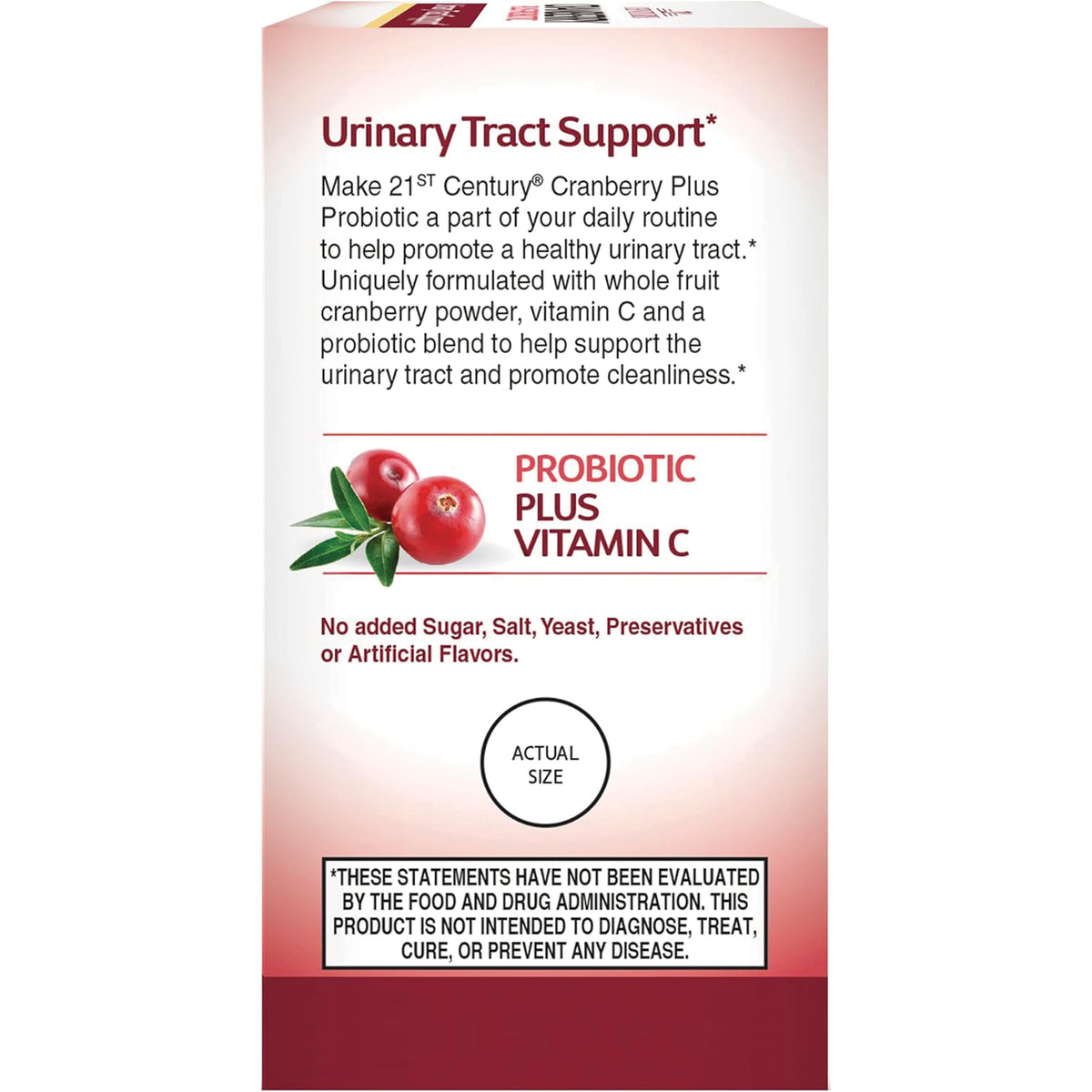 CNT271 | Back panel showing Urinary Tract Support benefits, cranberry image, probiotic plus vitamin C and actual size circle