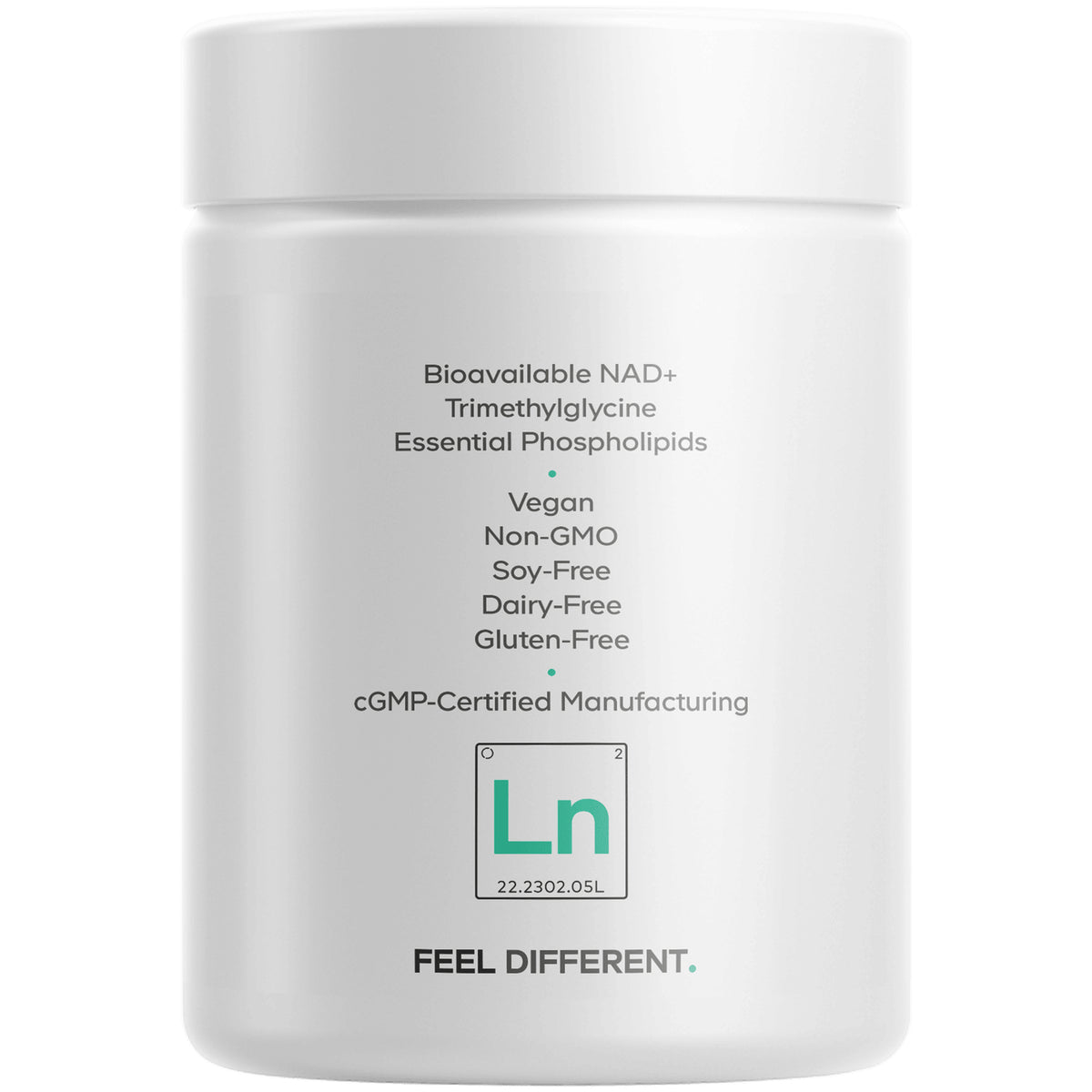 CDG067 | back label of white supplement jar listing Bioavailable NAD+, trimethylglycine, vegan and free-from claims, Ln logo