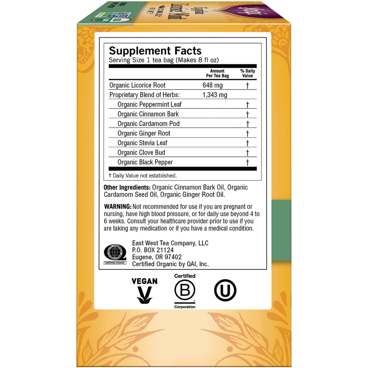AHW008 | Back panel with Supplement Facts and ingredients for organic licorice root tea bags