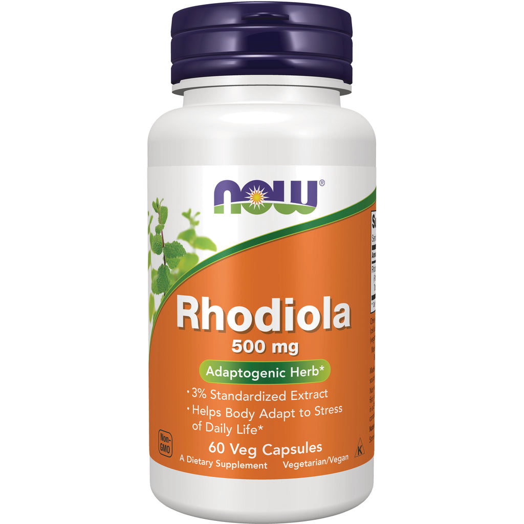 NWF271 | NOW Rhodiola 500 mg white bottle with orange label, 60 Veg Capsules, adaptogenic herb - Thumbnail