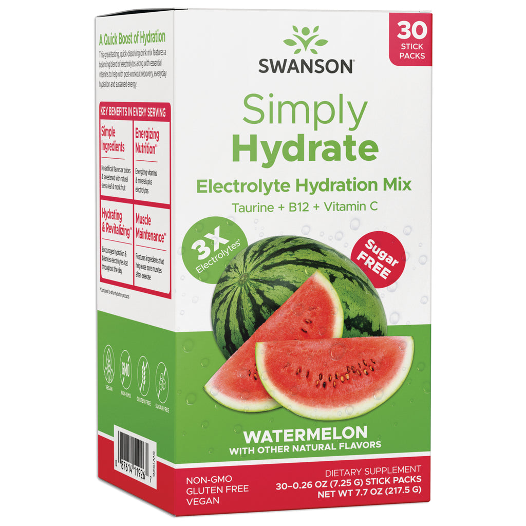SW1926 | Swanson Simply Hydrate Electrolyte Hydration Mix, Watermelon, 30 stick packs, Taurine + B12 + Vitamin C - Thumbnail
