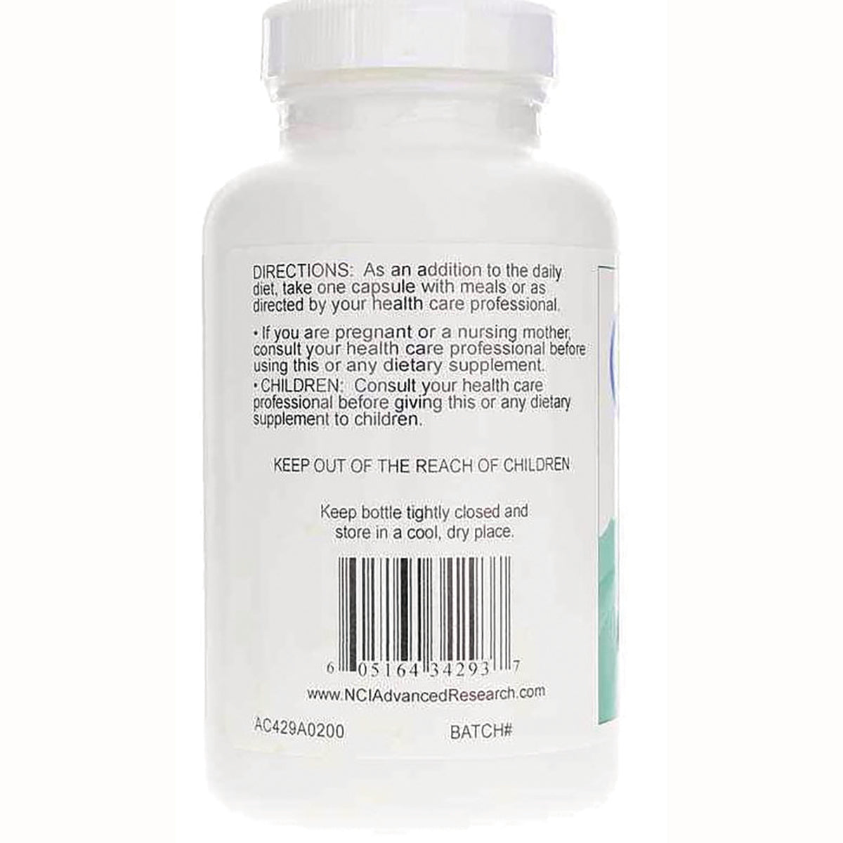 ADR012 | Back label with directions, warnings, barcode, and NCIAadvancedResearch.com