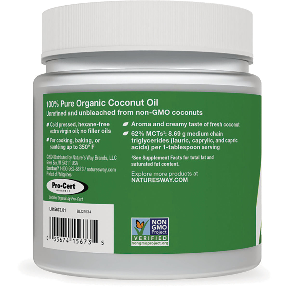 NW652 | back label of jar showing organic coconut oil details, usage instructions, barcode, and Non-GMO Verified seal
