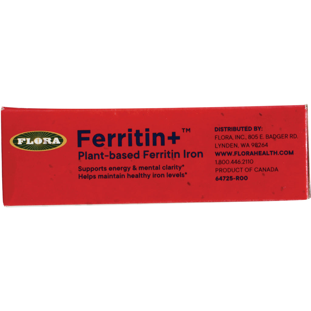 Red product box back showing Ferritin+ plant-based Ferritin Iron label and distributor info with www.florahealth.com - Thumbnail