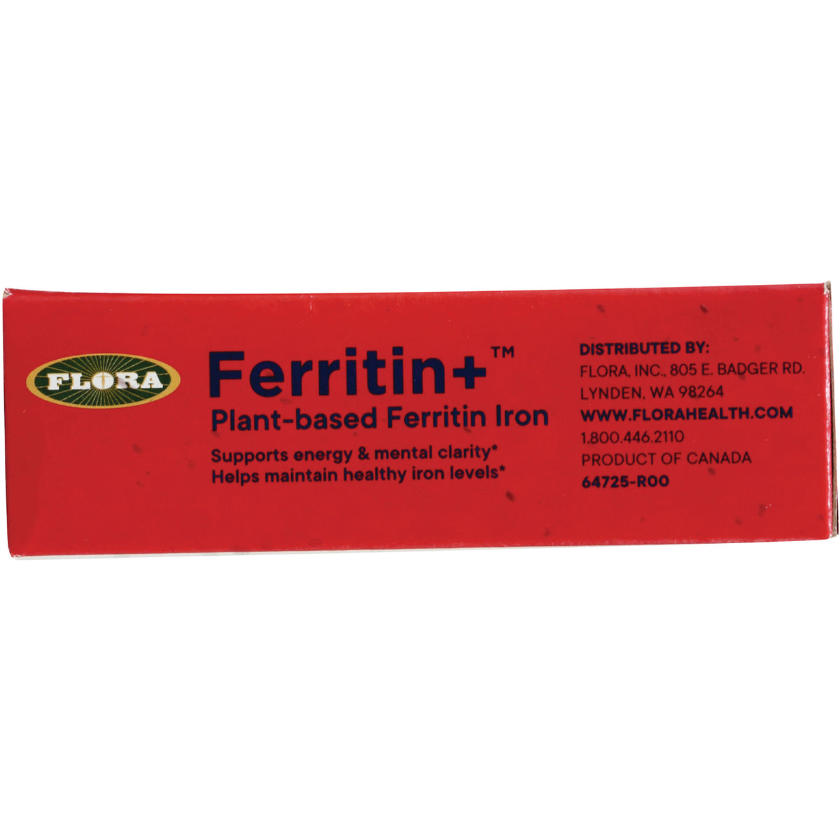 Red product box back showing Ferritin+ plant-based Ferritin Iron label and distributor info with www.florahealth.com