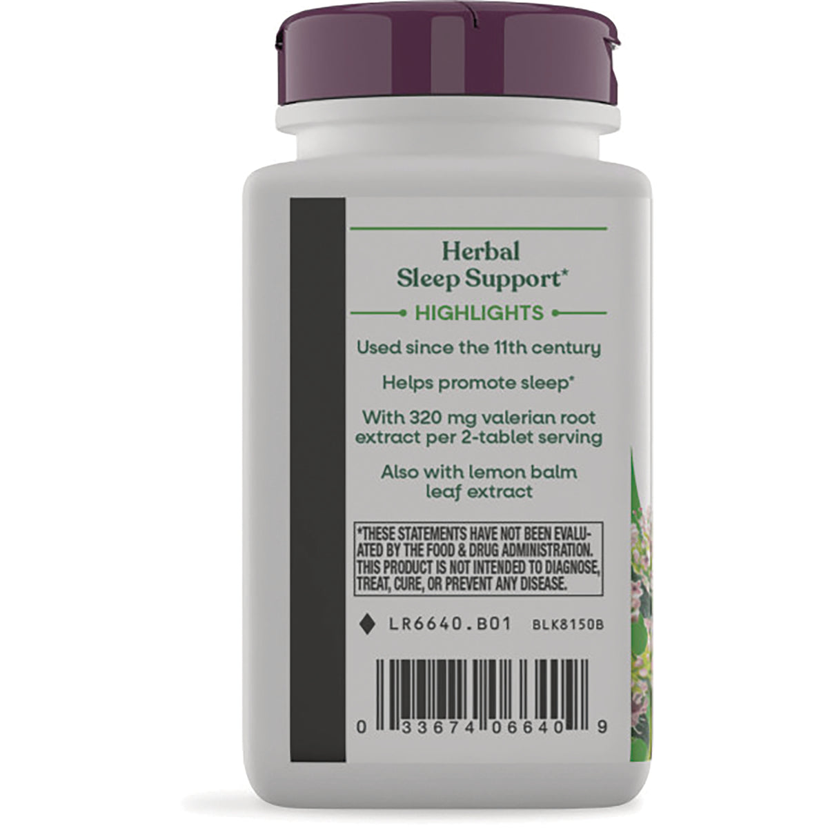 NW749 | back label of sleep support bottle showing highlights, 320 mg valerian root per 2-tablet serving, lemon balm and barcode