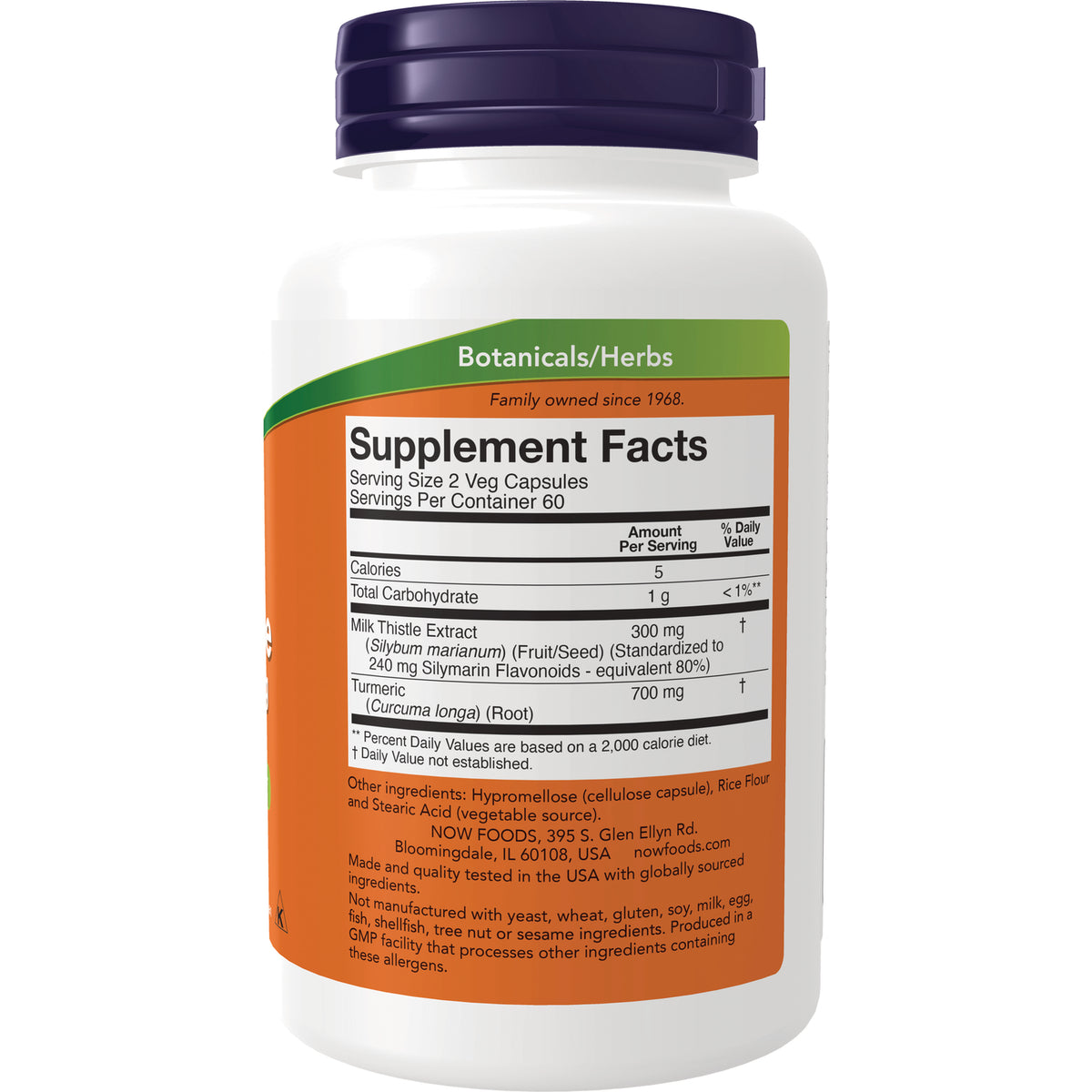 NWF1119 | Back label of white supplement bottle showing Supplement Facts panel and ingredients list for milk thistle and turmeric