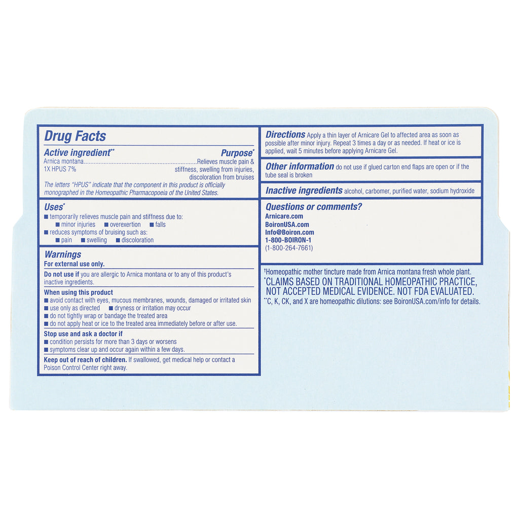 BRN093 | back panel of light blue Arnicare box showing drug facts, directions, inactive ingredients and warnings - Thumbnail