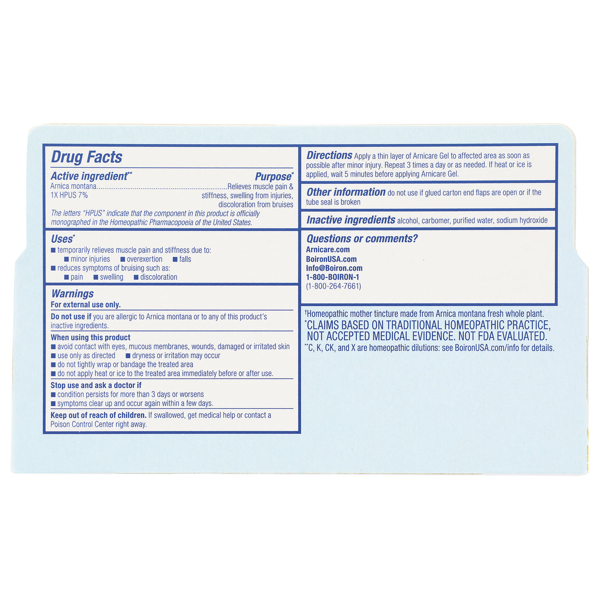 BRN093 | back panel of light blue Arnicare box showing drug facts, directions, inactive ingredients and warnings