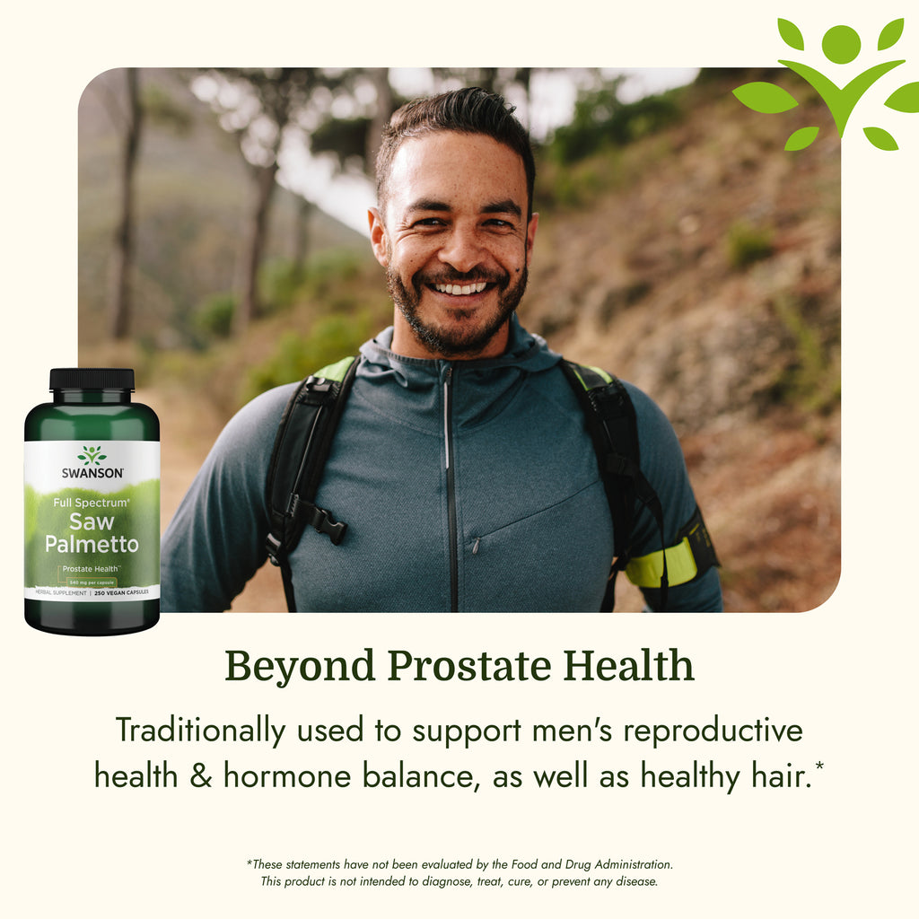 SW910 | Man hiking with Swanson Saw Palmetto bottle and text about men's health and hormone balance - Thumbnail