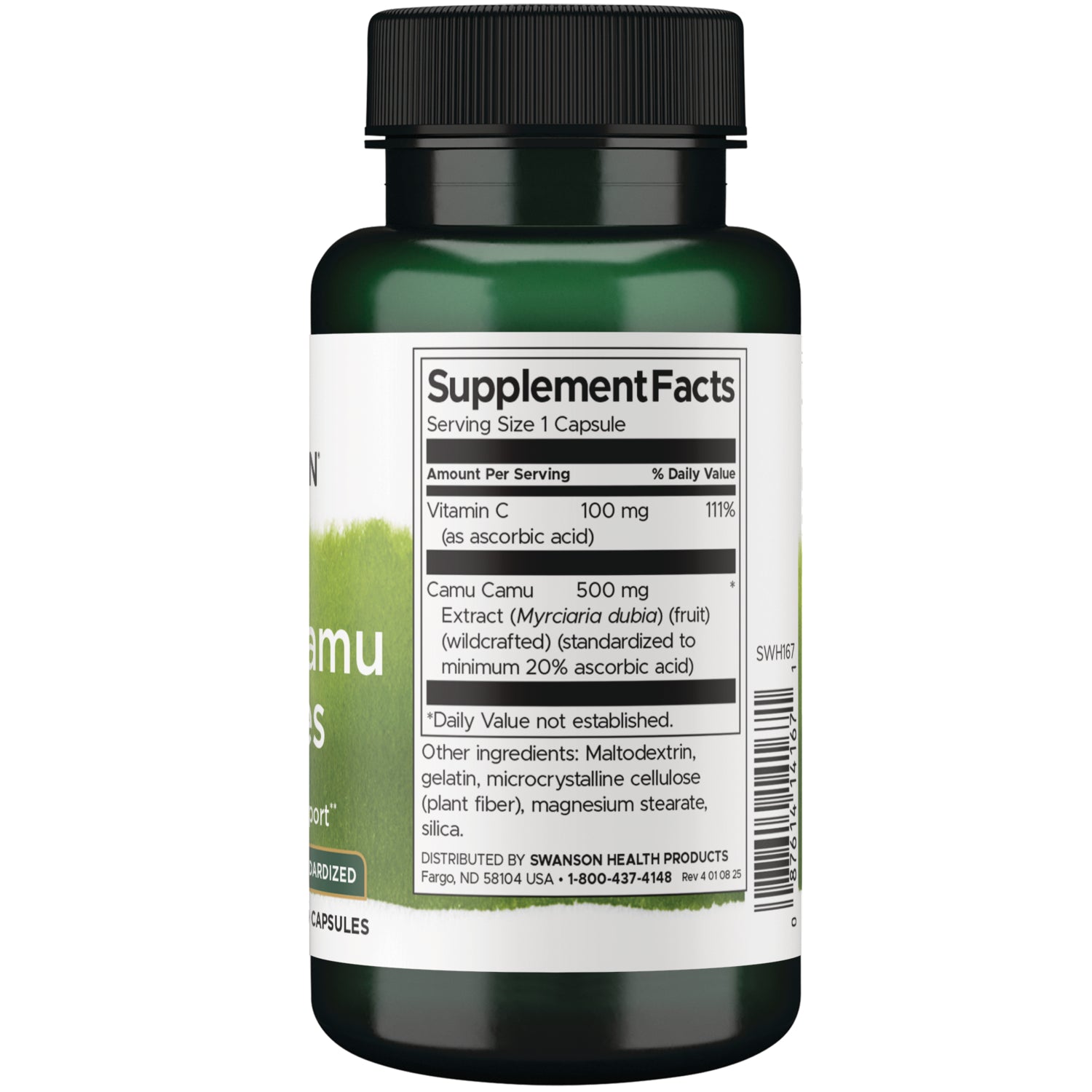 SWH167 | Back label with Supplement Facts for Camu Camu capsules listing Vitamin C 100 mg and Camu Camu extract 500 mg