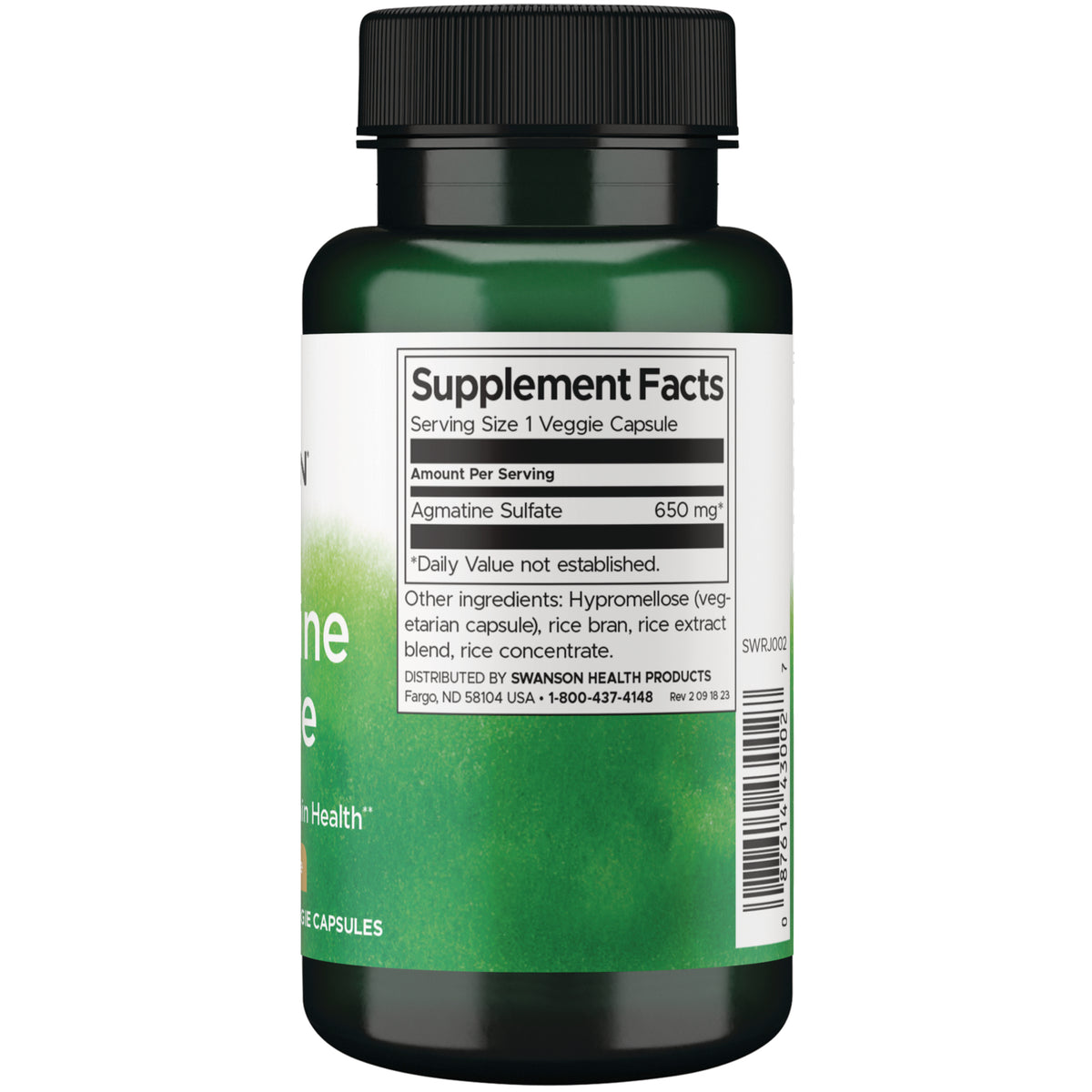 SWRJ002 | Back of bottle with Supplement Facts: Agmatine Sulfate 650 mg, Serving Size 1 Veggie Capsule