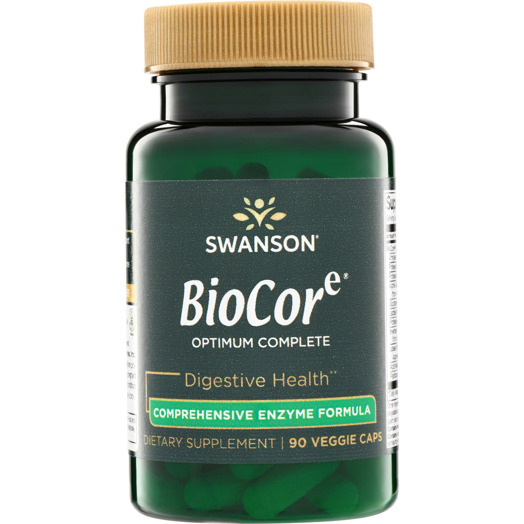 SWU445 | Swanson BioCore digestive health supplement bottle, 90 veggie caps, green bottle with tan cap, label "Comprehensive - Thumbnail