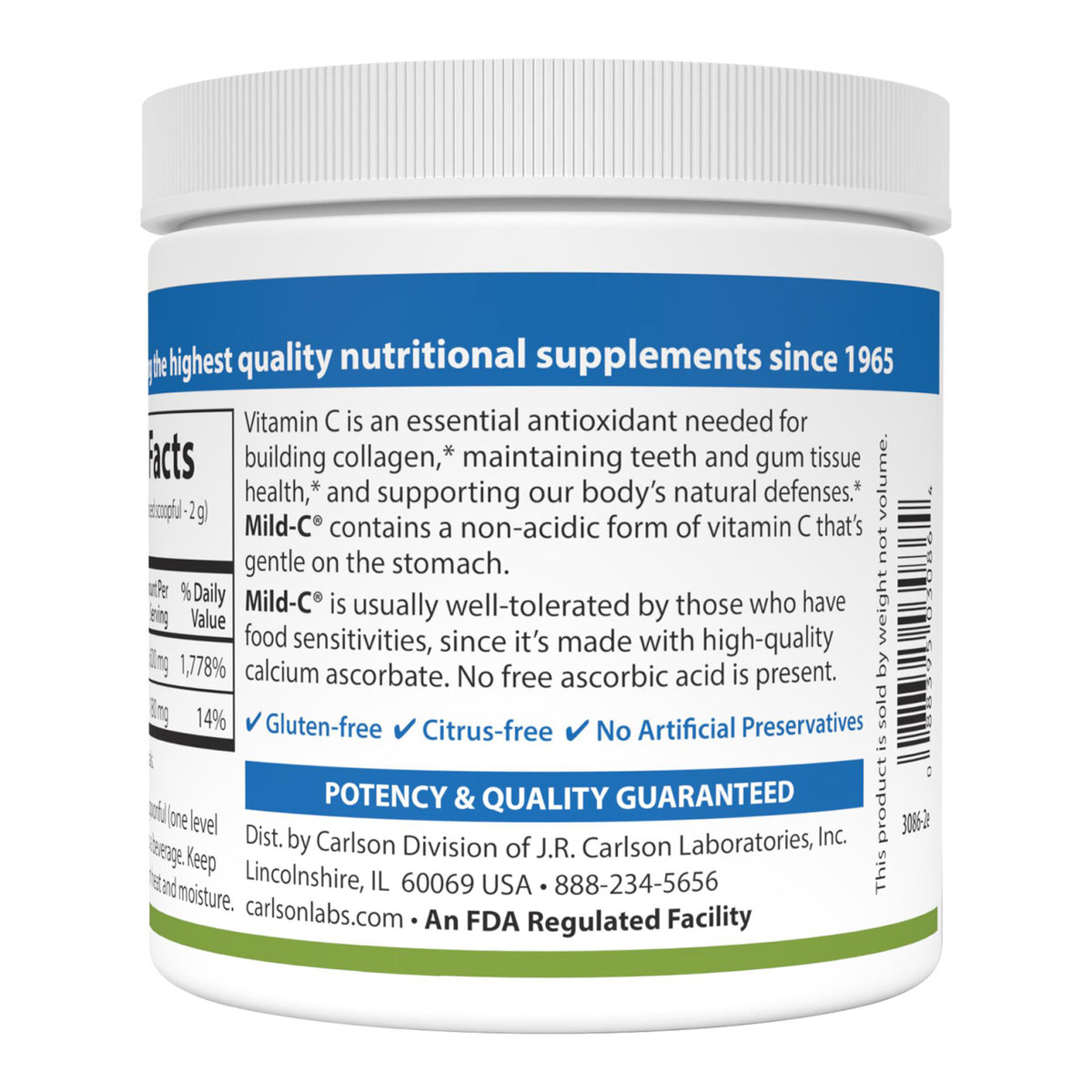 CSN030 | Front of a Carlson Vitamin C supplement jar with label text and supplement facts