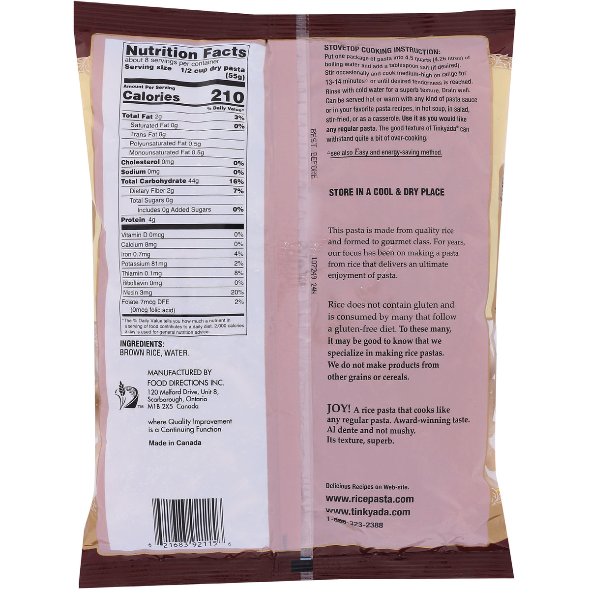 TKY010 | Back of Tinkyada rice pasta package with Nutrition Facts, ingredients, and stovetop cooking instructions
