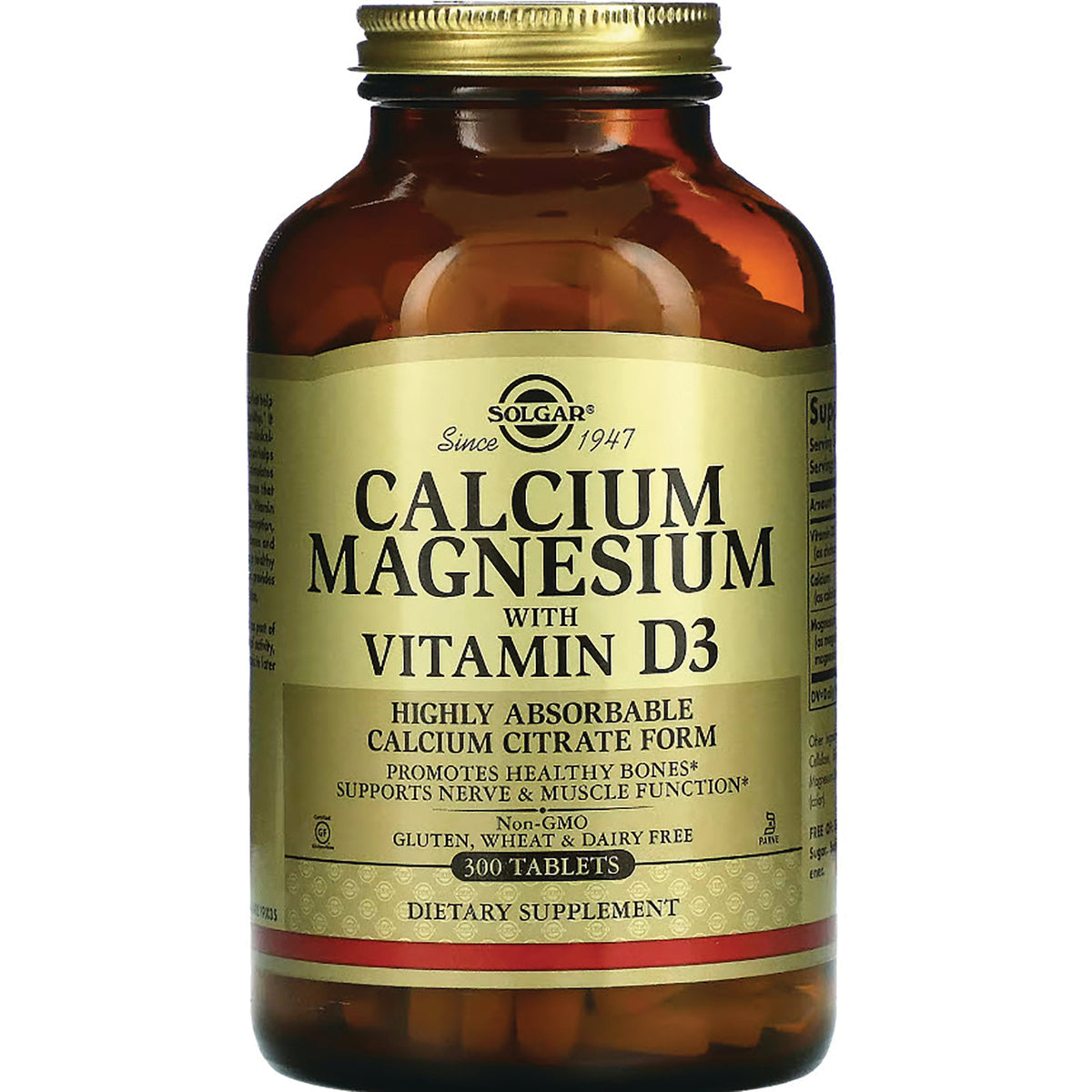 Solgar Calcium Magnesium with Vitamin D3 amber glass bottle labeled 300 tablets dietary supplement