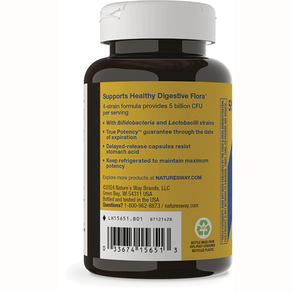 NW801 | Back label of brown supplement bottle with digestive flora benefits, bullet points, barcode and recycling symbol - Thumbnail