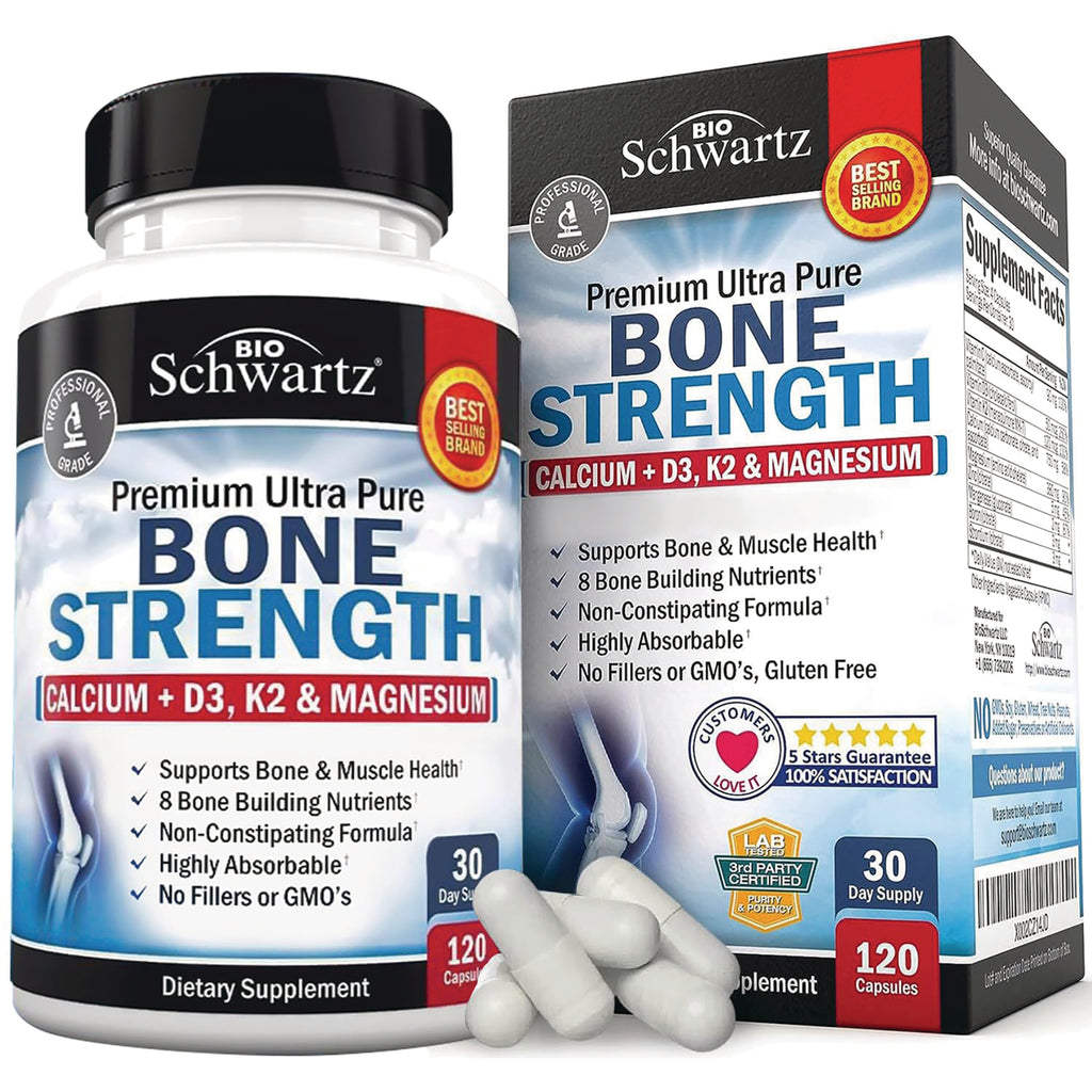 BSZ024 | BioSchwartz Bone Strength supplement bottle and box showing label Calcium + D3, K2 & Magnesium with loose white capsules, 120 capsules - Thumbnail