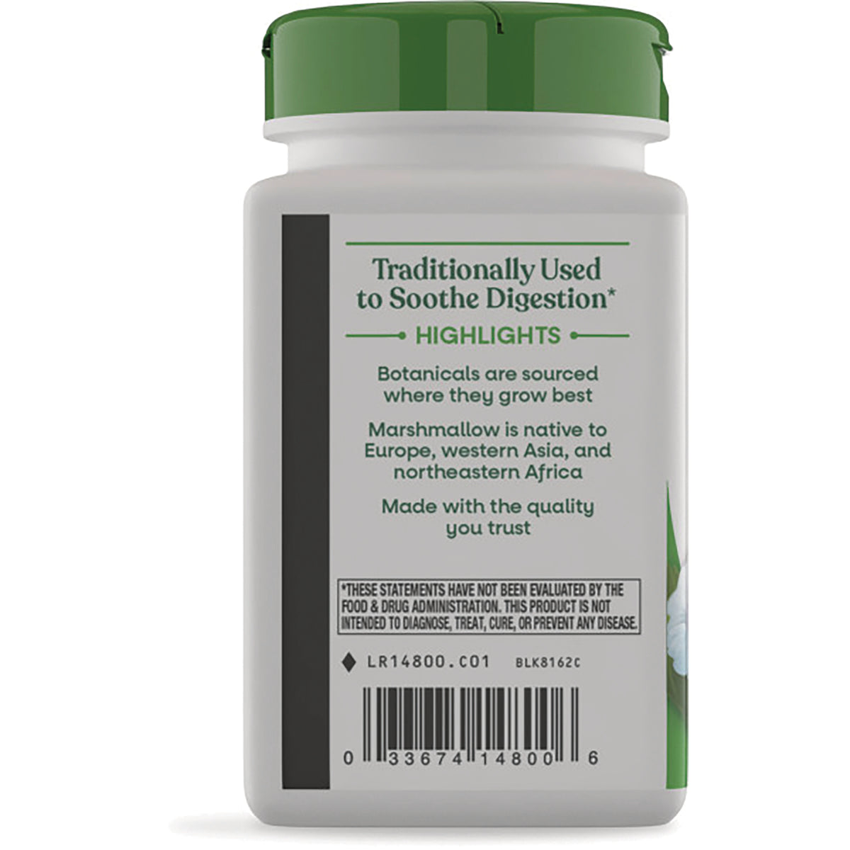 NW155 | Back label with highlights Traditionally Used to Soothe Digestion, sourcing notes, and barcode