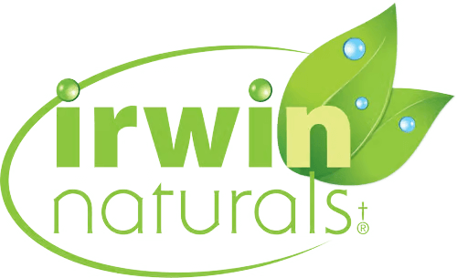 Irwin Naturals logo with a green leaf and droplets on a transparent background